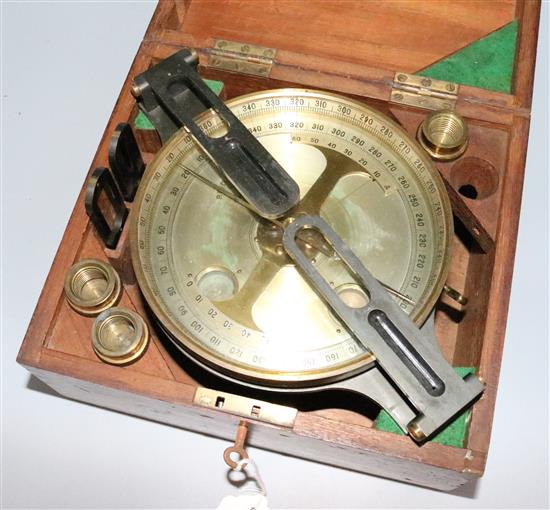 Reid Bros brass six-inch double Vernier surveying compass, cased